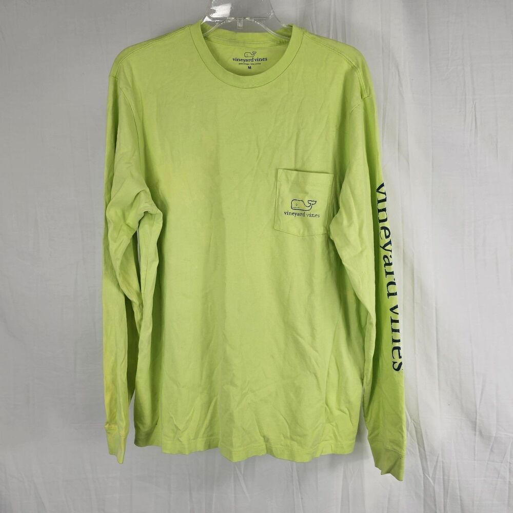 Vineyard Vines Men M Medium Lime Green Pocket Long Sleeve Shirt Navy Blue Whale